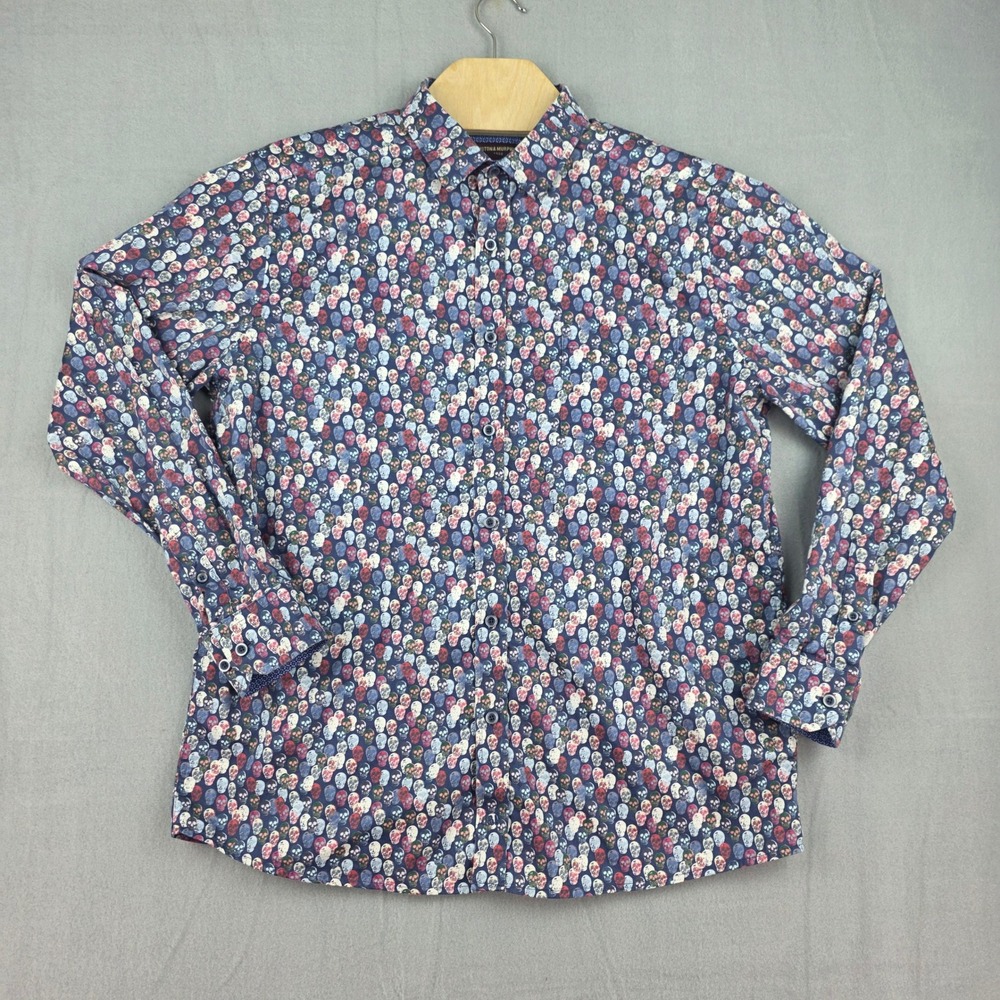 Johnston & Murphy Button Down Shirt Mens L Blue Skull Print Long Sleeve Cotton